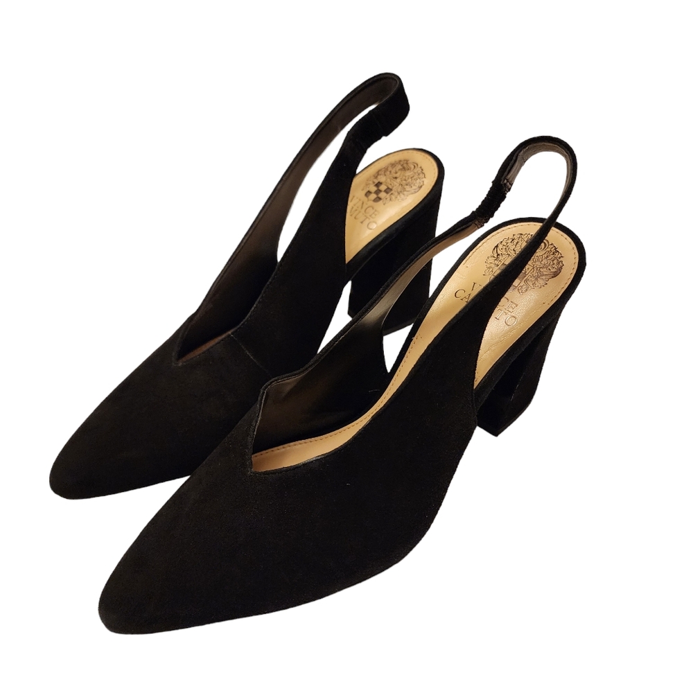 Vince Camuto Tashinta Black Suede Slingback Pointy Toe Heels